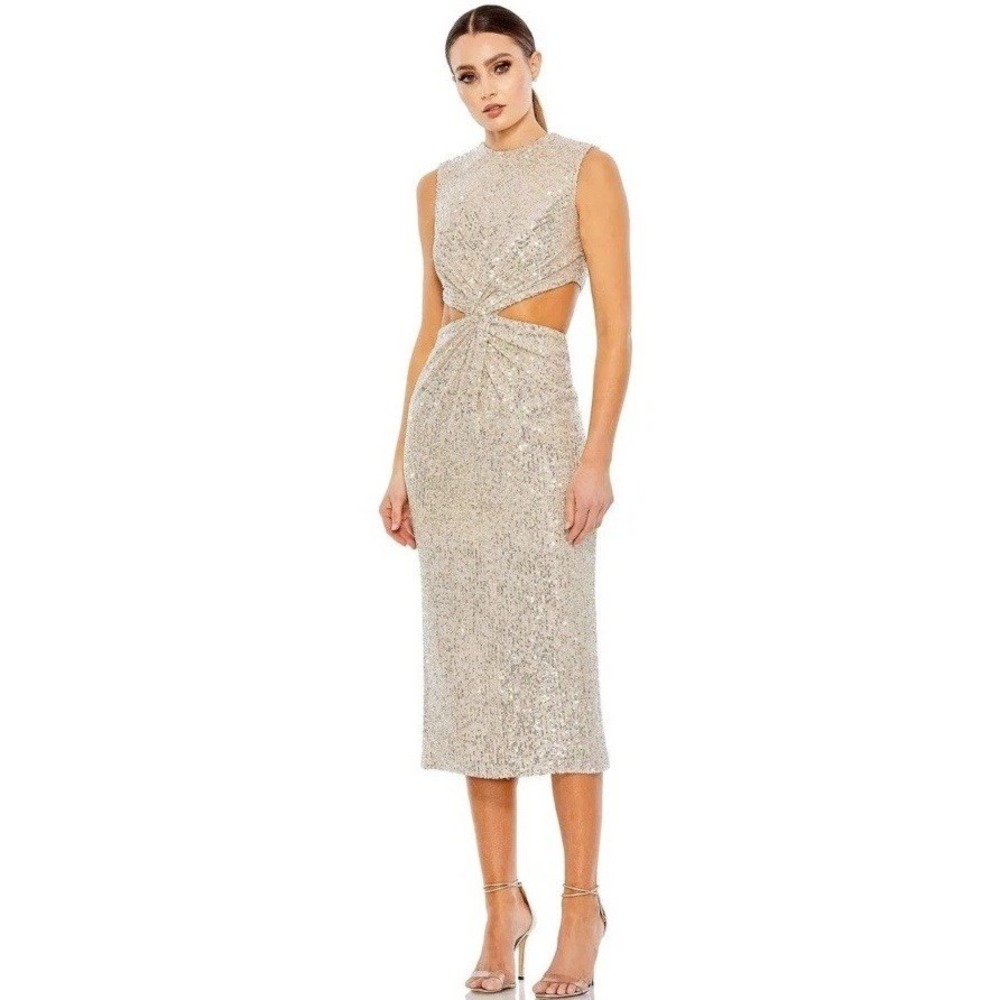 Mac Duggal SEQUIN EMBELLISHED FRONT TWIST CUT OUT COLUMN DRESS Beige Women 2 NEW